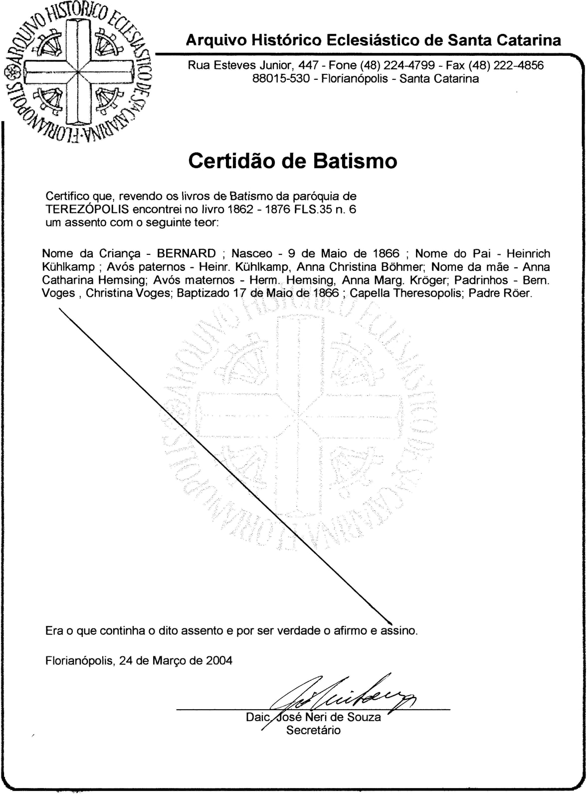 Fotocópia da certidão de batismo de Bernard Kühlkamp