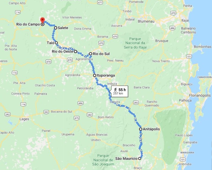 Trajeto provável das famílias que saíram do Sul de SC ao Alto Vale.